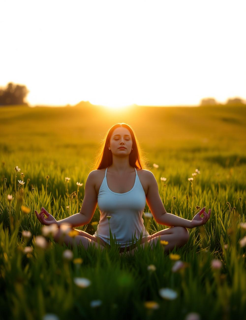 Woman meditating at sunrise in a green meadow